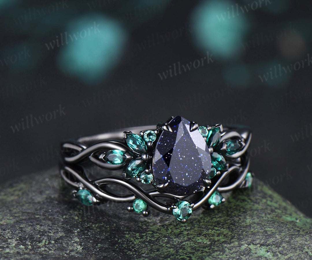 Pear cut blue sandstone engagement ring 14k black gold cluster emerald infinity bridal anniversary ring set gift for women silver