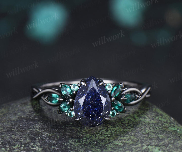 Pear cut blue sandstone engagement ring 14k black gold cluster emerald infinity bridal anniversary ring set gift for women silver