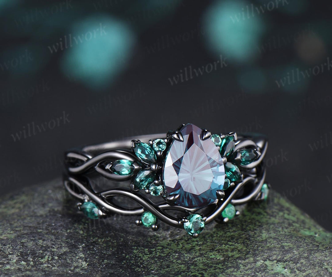 Pear fireworks cut alexandrite engagement ring 14k black gold cluster emerald infinity bridal wedding ring set gift for women silver