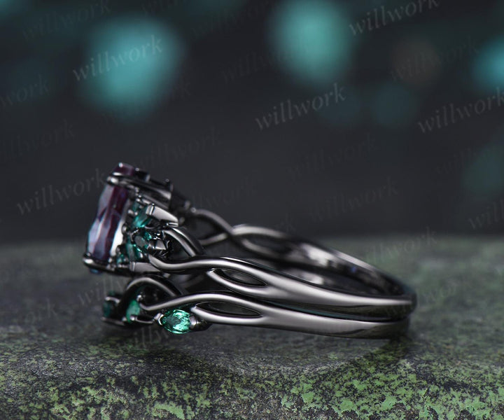 Pear fireworks cut alexandrite engagement ring 14k black gold cluster emerald infinity bridal wedding ring set gift for women silver