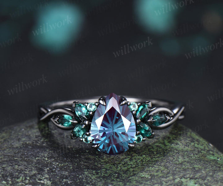 Pear fireworks cut alexandrite engagement ring 14k black gold cluster emerald infinity bridal wedding ring set gift for women silver