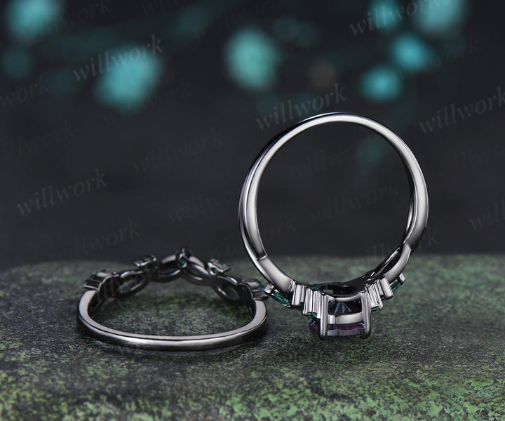 Pear fireworks cut alexandrite engagement ring 14k black gold cluster emerald infinity bridal wedding ring set gift for women silver