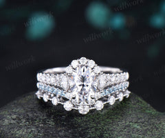Oval cut moissanite ring white gold vintage half eternity halo unique engagement wedding ring set women