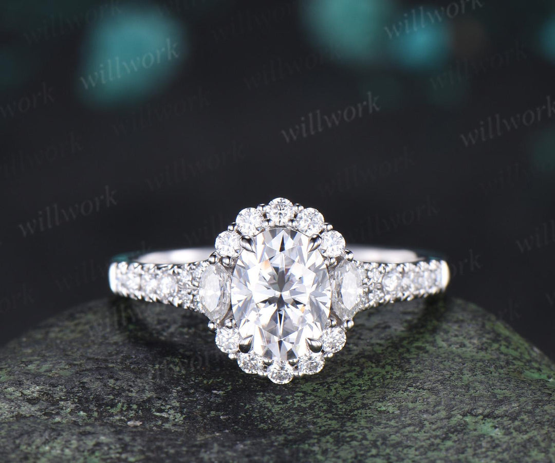 Oval cut moissanite ring white gold vintage half eternity halo unique engagement wedding ring set women