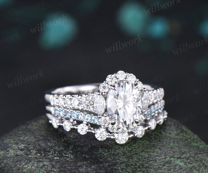 Oval cut moissanite ring white gold vintage half eternity halo unique engagement wedding ring set women