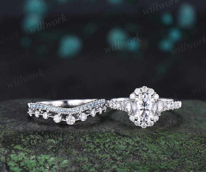 Oval cut moissanite ring white gold vintage half eternity halo unique engagement wedding ring set women