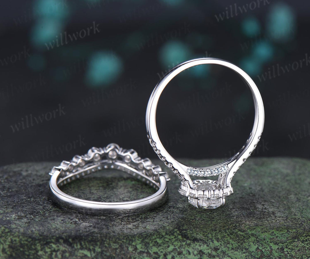 Oval cut moissanite ring white gold vintage half eternity halo unique engagement wedding ring set women