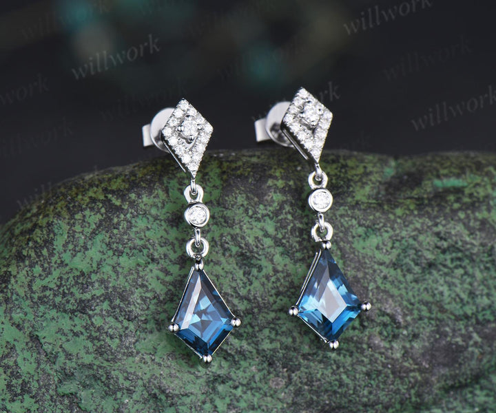 Vintage kite cut London blue topaz earrings solid 14k white gold halo diamond drop earrings women December birthstone anniversary gift her