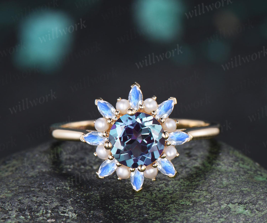 Round alexandrite engagement ring 14k yellow gold halo pearl marquise moonstone ring vintage floral wedding ring women jewelry
