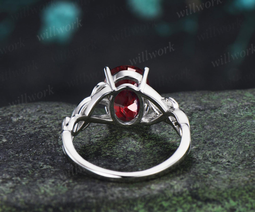 Oval cut red ruby ring white gold vintage solitaire leaf infinity nature inspired engagement ring women delicate anniversary gift