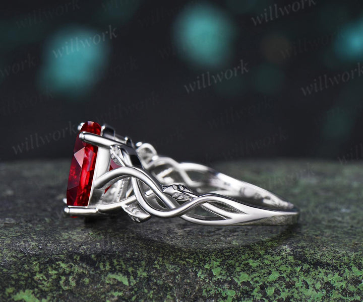 Oval cut red ruby ring white gold vintage solitaire leaf infinity nature inspired engagement ring women delicate anniversary gift