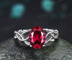Oval cut red ruby ring white gold vintage solitaire leaf infinity nature inspired engagement ring women delicate anniversary gift