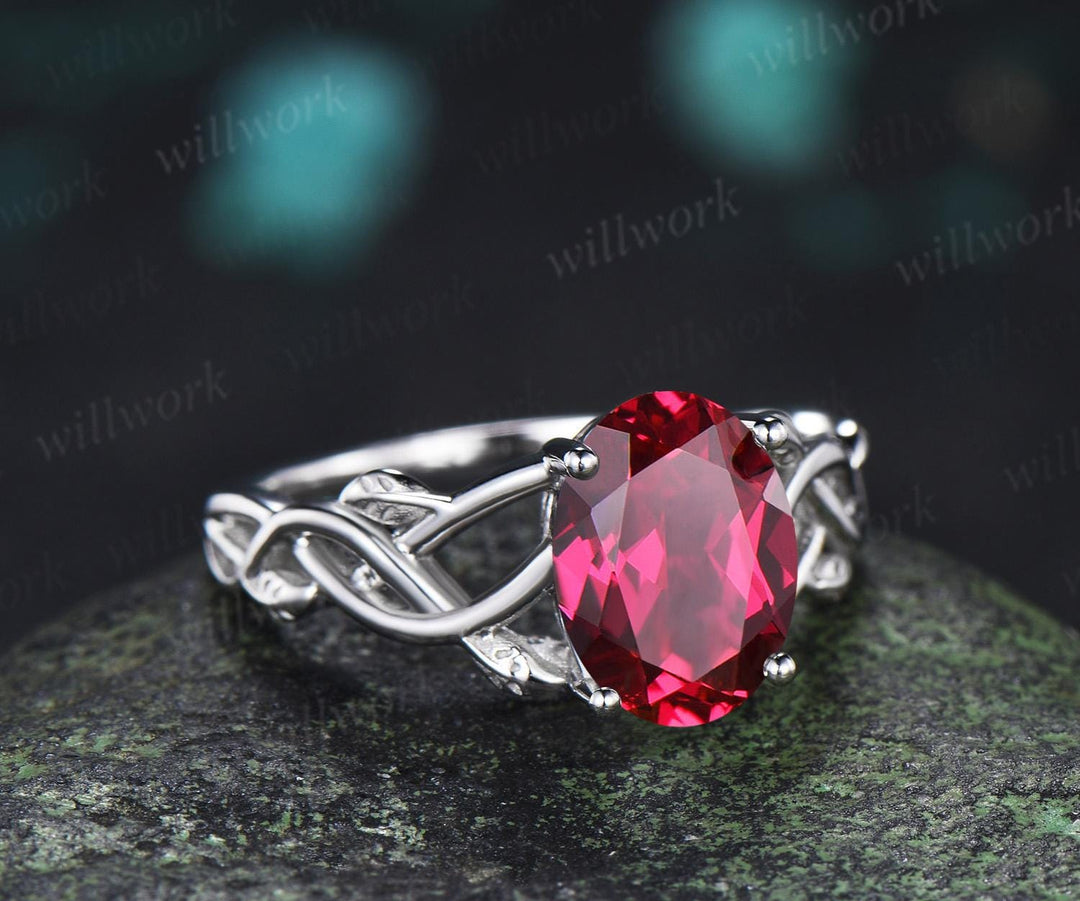 Oval cut red ruby ring white gold vintage solitaire leaf infinity nature inspired engagement ring women delicate anniversary gift