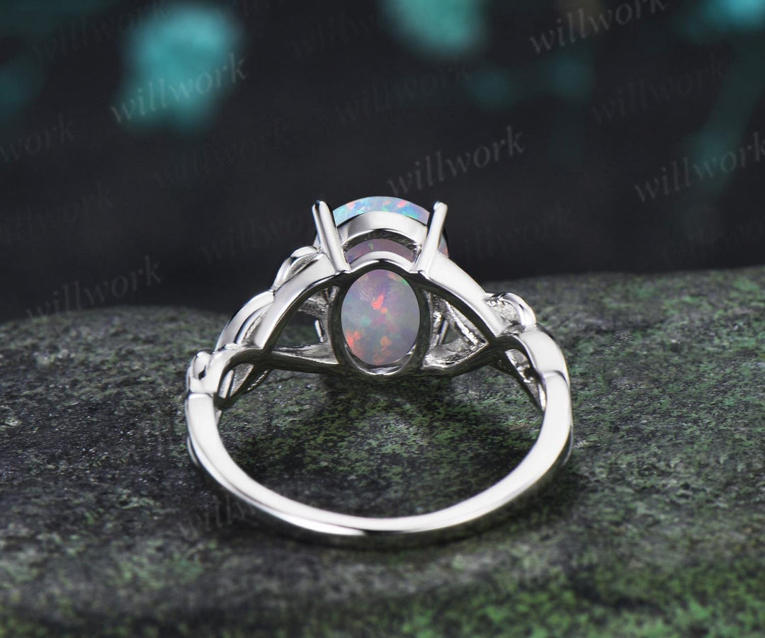Oval opal ring white gold vintage solitaire leaf infinity nature inspired engagement ring women delicate anniversary gift