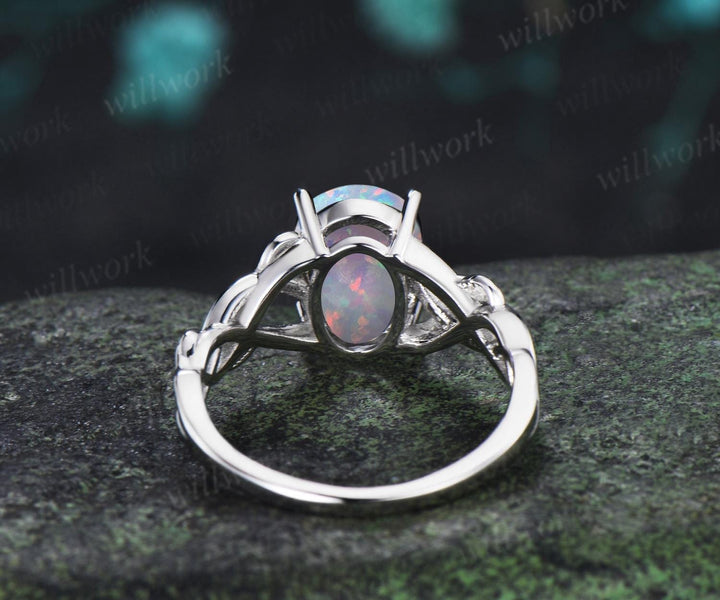 Oval opal ring white gold vintage solitaire leaf infinity nature inspired engagement ring women delicate anniversary gift