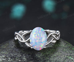 Oval opal ring white gold vintage solitaire leaf infinity nature inspired engagement ring women delicate anniversary gift