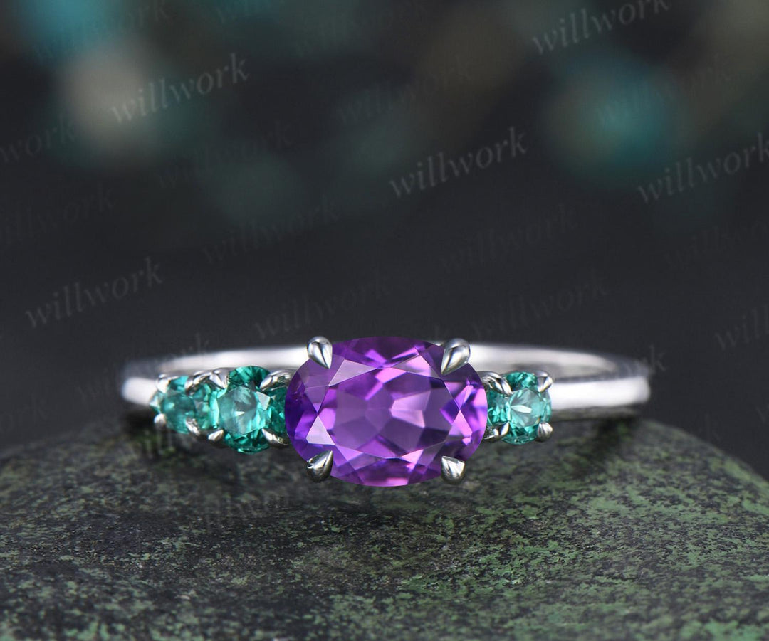 Oval amethyst emerald engagement ring 14k white gold east to west unique promise wedding ring women dainty four stone ring silver