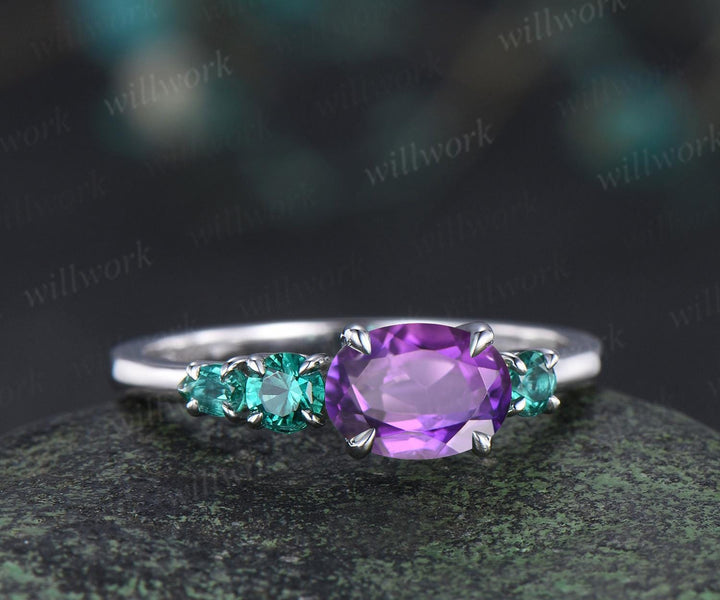 Oval amethyst emerald engagement ring 14k white gold east to west unique promise wedding ring women dainty four stone ring silver