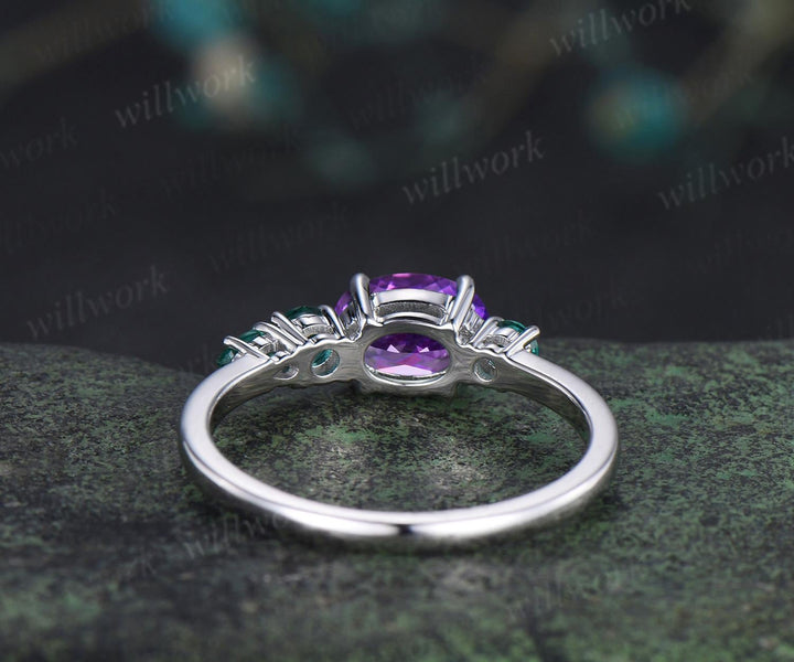 Oval amethyst emerald engagement ring 14k white gold east to west unique promise wedding ring women dainty four stone ring silver
