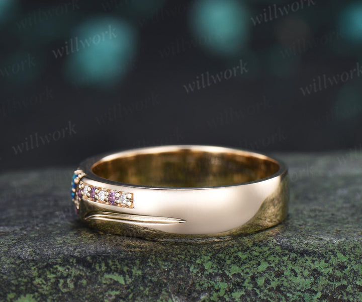 Unique black opal amethyst mens wedding band 14k yellow gold moissanite men handsome man rings matching band anniversary gift