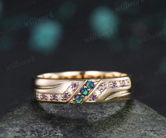 Unique black opal amethyst mens wedding band 14k yellow gold moissanite men handsome man rings matching band anniversary gift