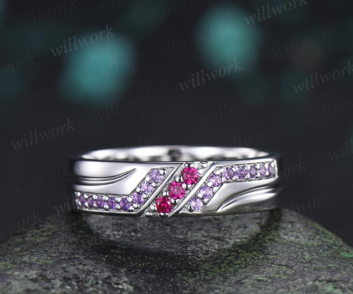 Unique red ruby amethyst mens wedding band 14k white gold men handsome man rings matching band anniversary gift