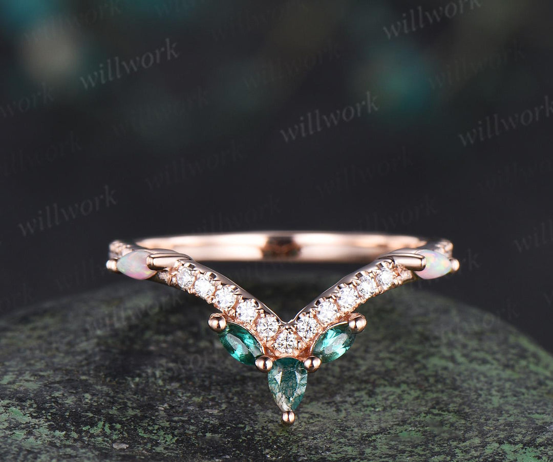 Pear moss agate wedding band rose gold curved marquise emerald opal half eternity moissanite wedding ring women gift