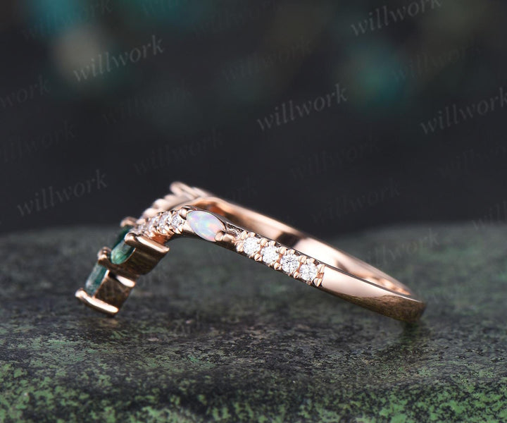 Pear moss agate wedding band rose gold curved marquise emerald opal half eternity moissanite wedding ring women gift