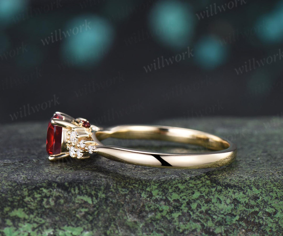 1ct round cut red garnet ring gold snowdrift unique engagement ring cluster diamond wedding promise ring women