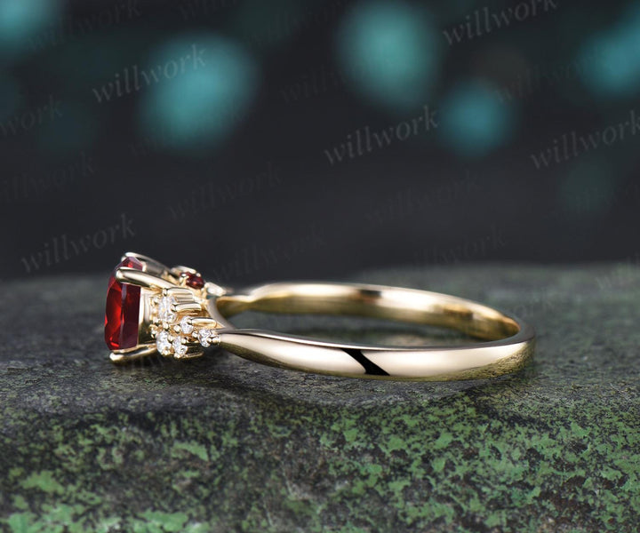 1ct round cut red garnet ring gold snowdrift unique engagement ring cluster diamond wedding promise ring women