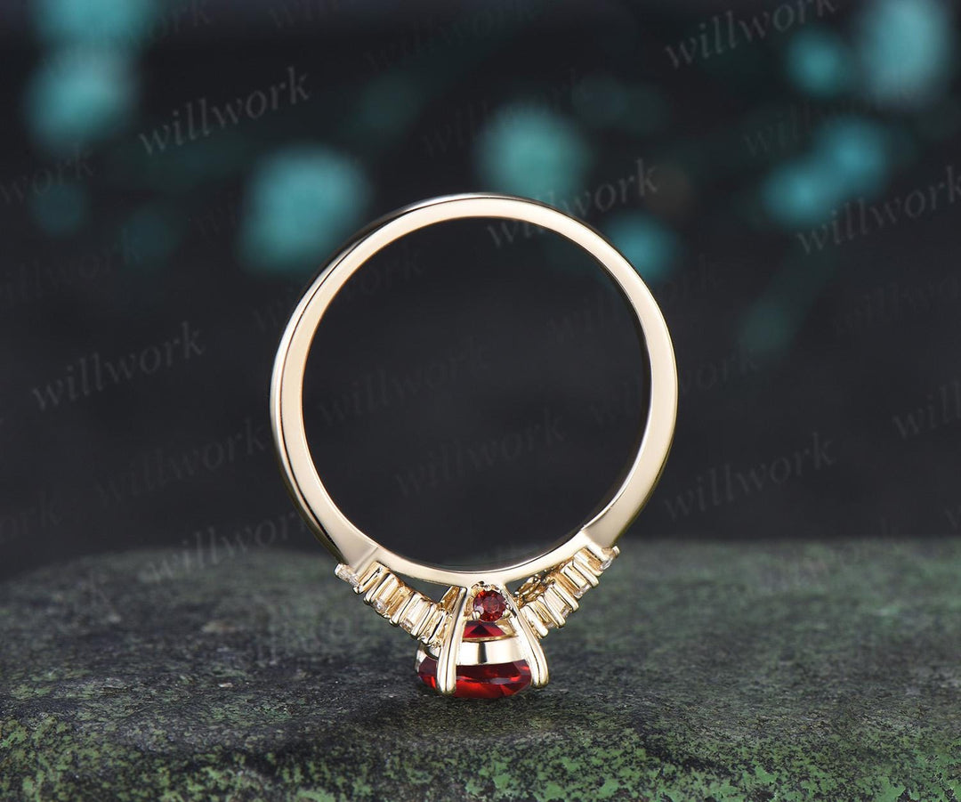 1ct round cut red garnet ring gold snowdrift unique engagement ring cluster diamond wedding promise ring women