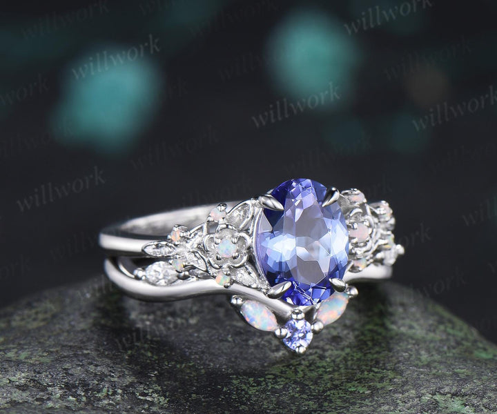 Oval cut natural tanzanite engagement ring set 14k white gold art deco leaf floral opal bridal wedding ring set women jewelry