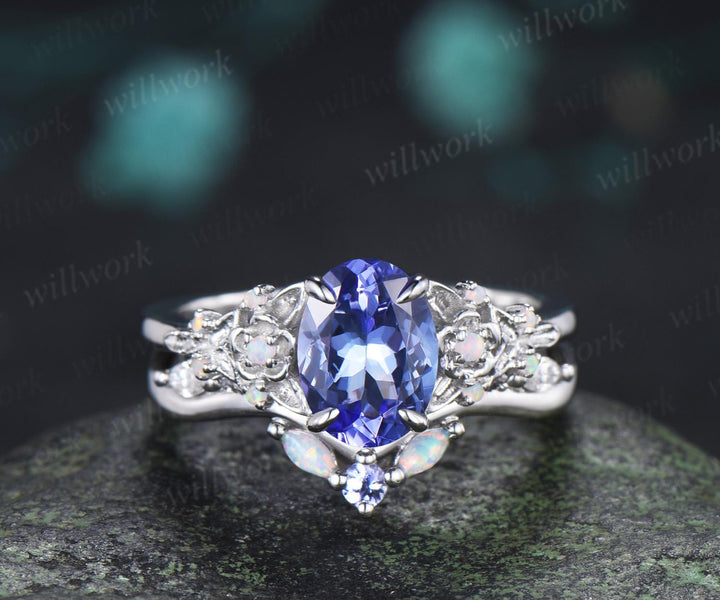 Oval cut natural tanzanite engagement ring set 14k white gold art deco leaf floral opal bridal wedding ring set women jewelry