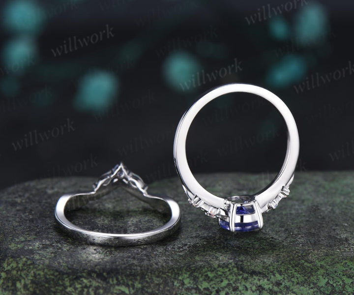 Oval cut natural tanzanite engagement ring set 14k white gold art deco leaf floral opal bridal wedding ring set women jewelry