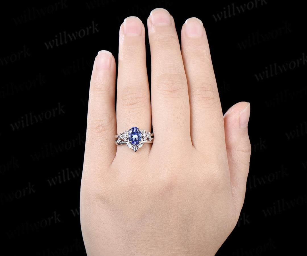 Oval cut natural tanzanite engagement ring set 14k white gold art deco leaf floral opal bridal wedding ring set women jewelry