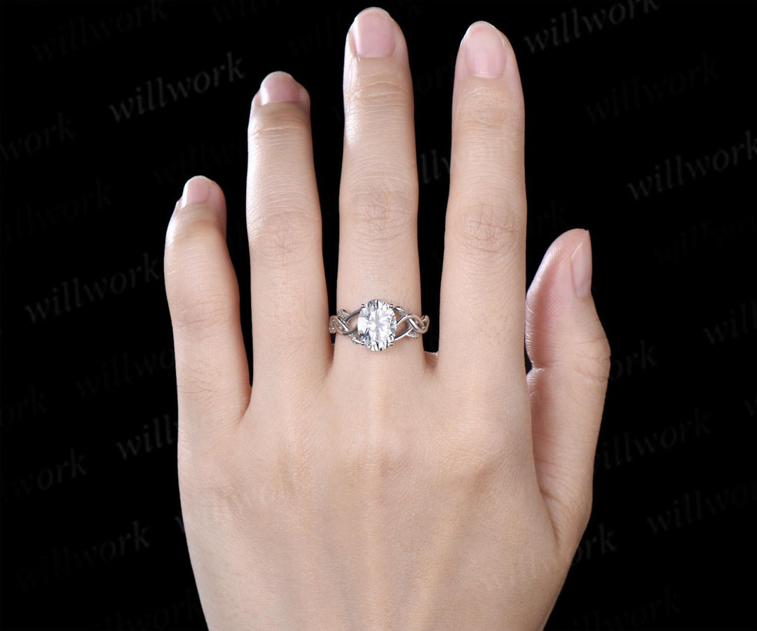 Oval cut moissanite ring white gold vintage solitaire leaf infinity nature inspired engagement ring women delicate anniversary gift