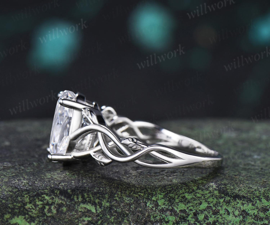 Oval cut moissanite ring white gold vintage solitaire leaf infinity nature inspired engagement ring women delicate anniversary gift