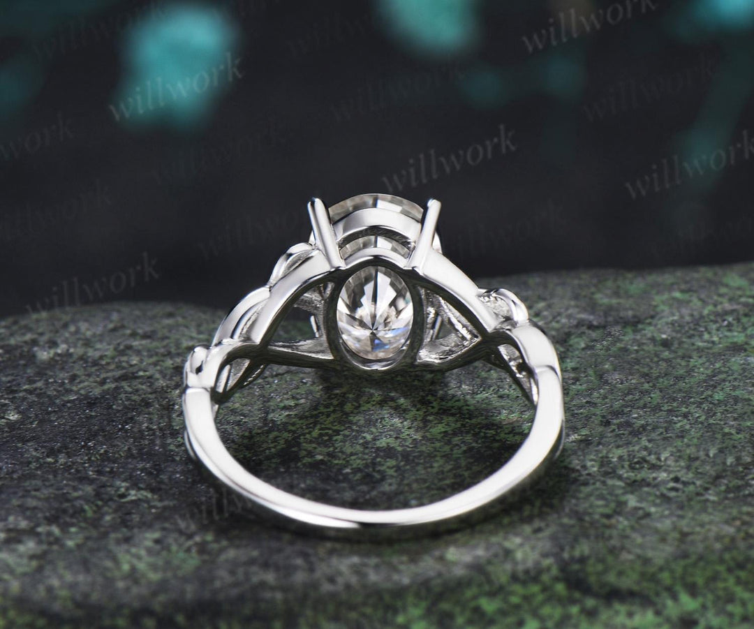Oval cut moissanite ring white gold vintage solitaire leaf infinity nature inspired engagement ring women delicate anniversary gift