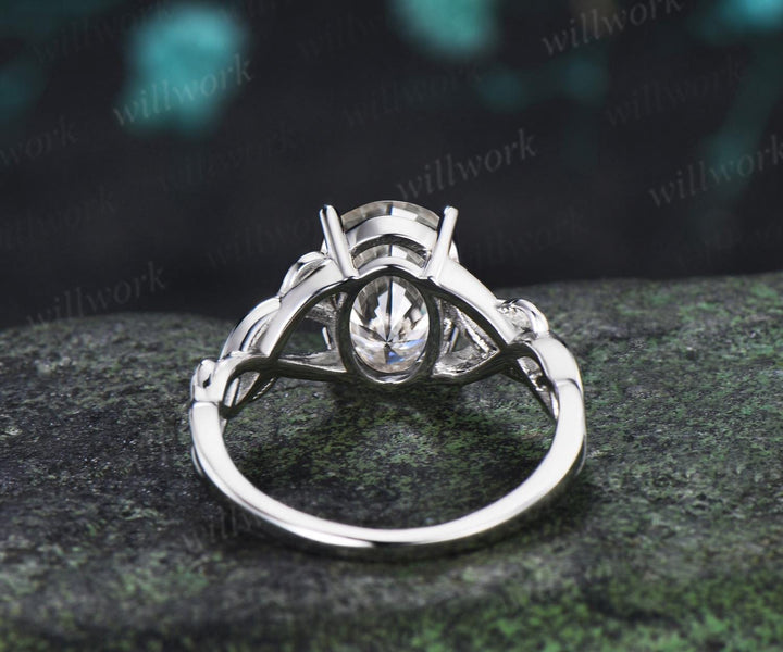 Oval cut moissanite ring white gold vintage solitaire leaf infinity nature inspired engagement ring women delicate anniversary gift