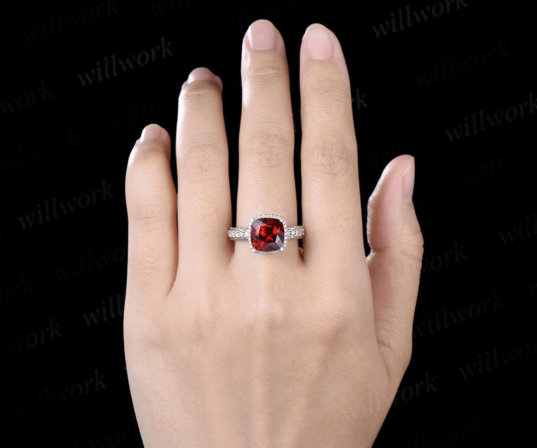3ct cushion cut red garnet engagement ring vintage half eternity hidden halo moissanite wedding promise ring women fine jewelry