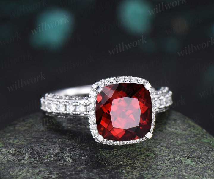 3ct cushion cut red garnet engagement ring vintage half eternity hidden halo moissanite wedding promise ring women fine jewelry