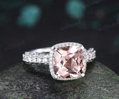 3ct cushion cut morganite engagement ring vintage half eternity hidden halo moissanite wedding promise ring women fine jewelry