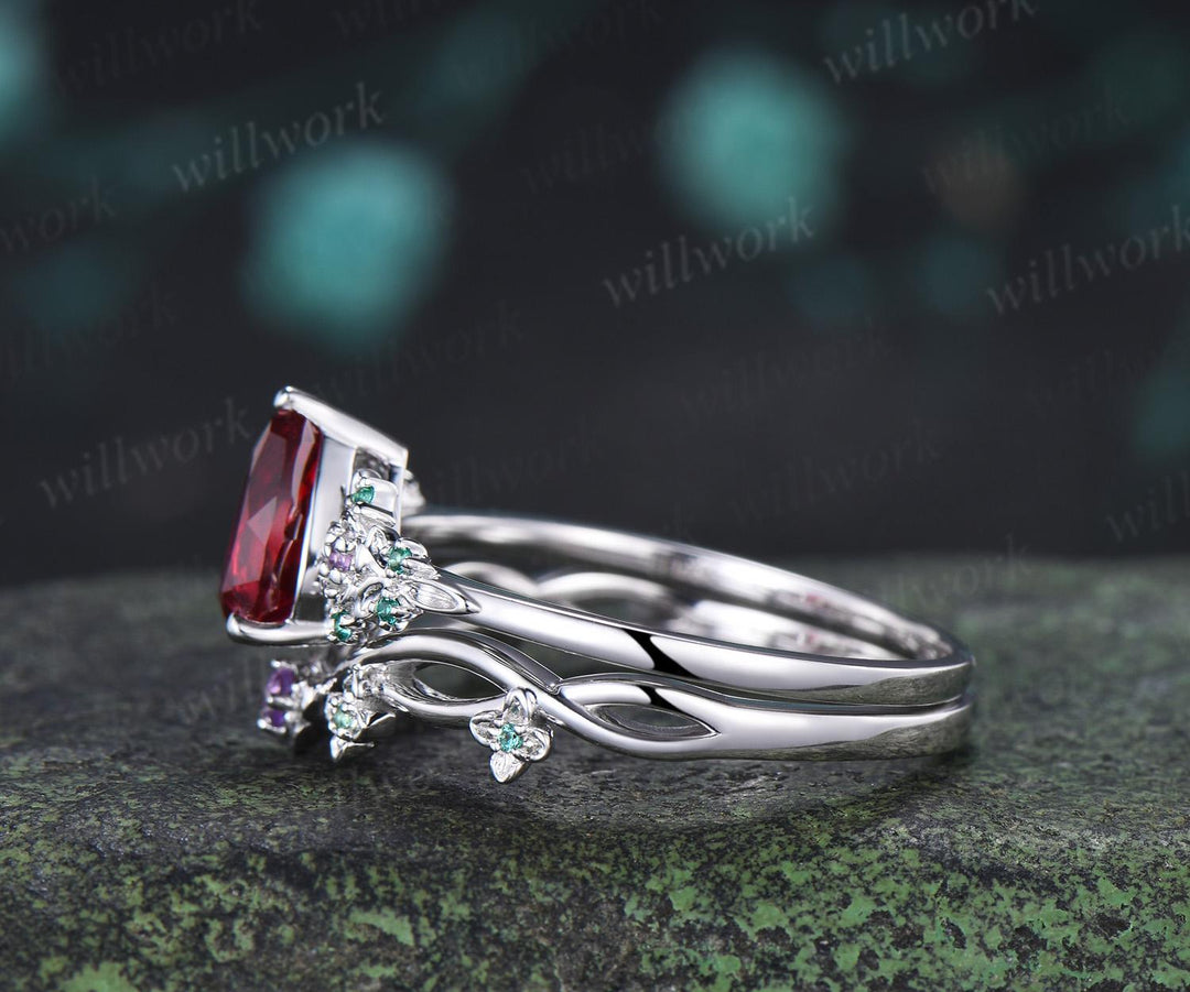 Teardrop pear cut red ruby engagement ring set solid 14k white gold floral leaf emerald amethyst ring vintage anniversary gift