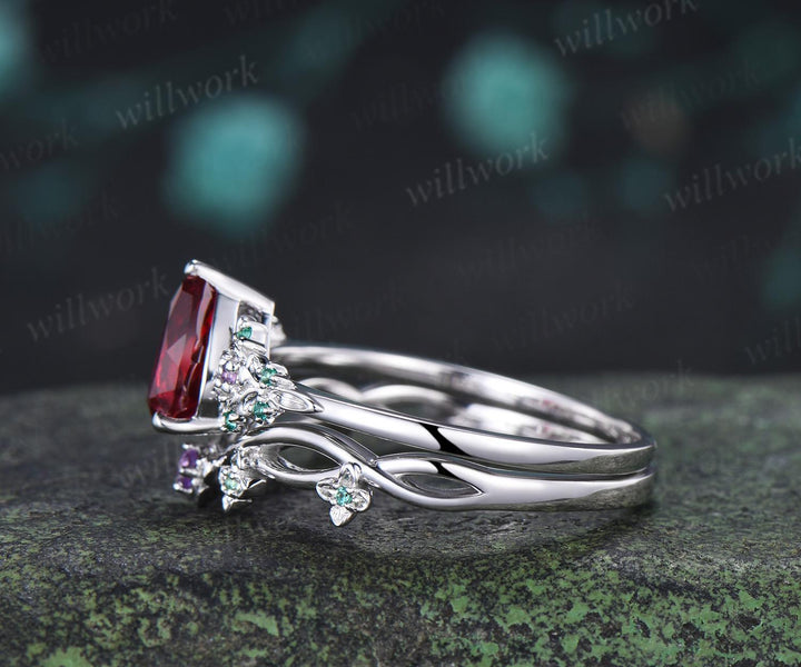 Teardrop pear cut red ruby engagement ring set solid 14k white gold floral leaf emerald amethyst ring vintage anniversary gift