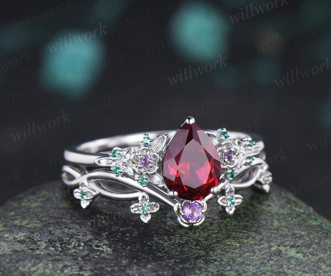 Teardrop pear cut red ruby engagement ring set solid 14k white gold floral leaf emerald amethyst ring vintage anniversary gift
