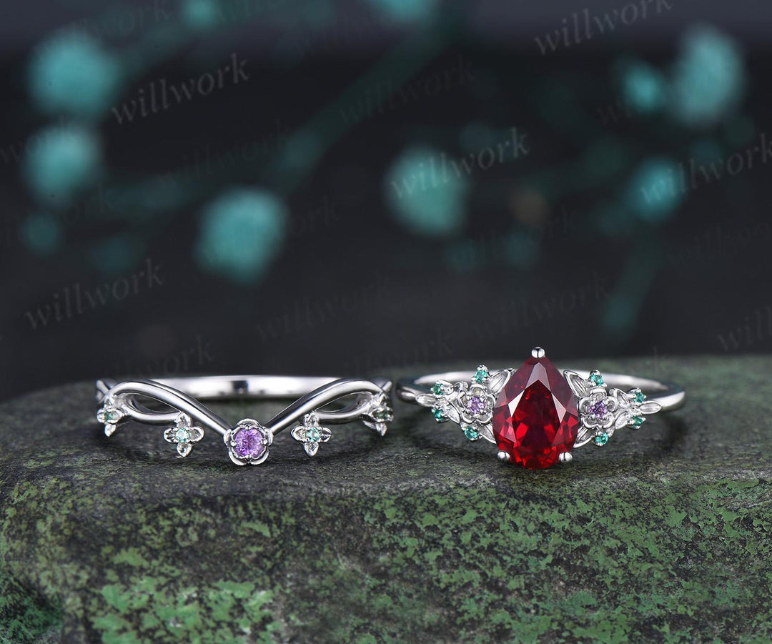 Teardrop pear cut red ruby engagement ring set solid 14k white gold floral leaf emerald amethyst ring vintage anniversary gift