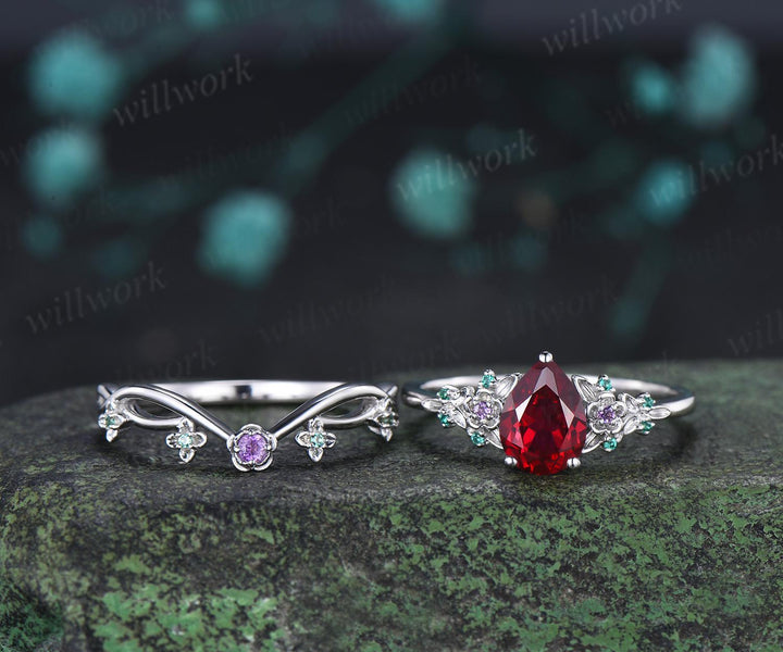 Teardrop pear cut red ruby engagement ring set solid 14k white gold floral leaf emerald amethyst ring vintage anniversary gift