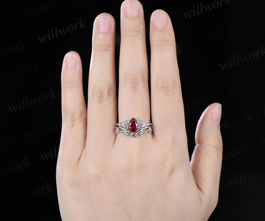 Teardrop pear cut red ruby engagement ring set solid 14k white gold floral leaf emerald amethyst ring vintage anniversary gift