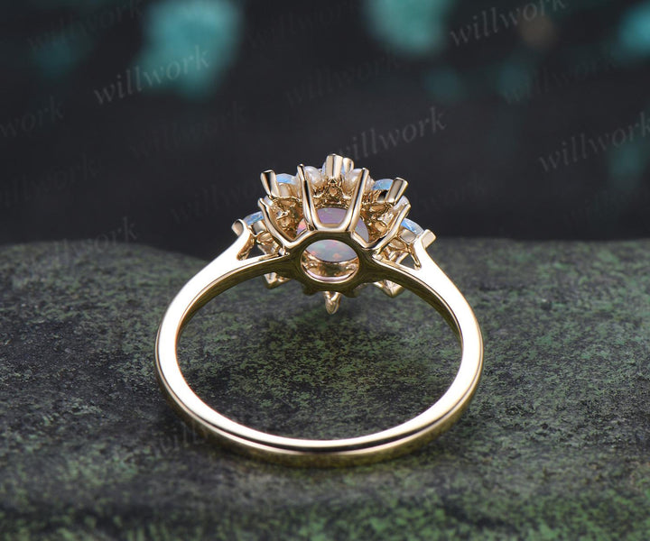 Round whtie opal engagement ring 14k yellow gold halo pearl marquise moonstone ring vintage floral wedding ring women jewelry