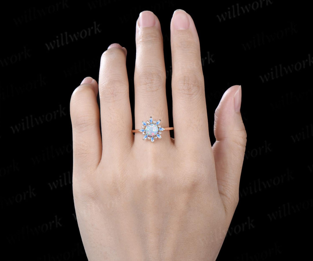 Round whtie opal engagement ring 14k yellow gold halo pearl marquise moonstone ring vintage floral wedding ring women jewelry